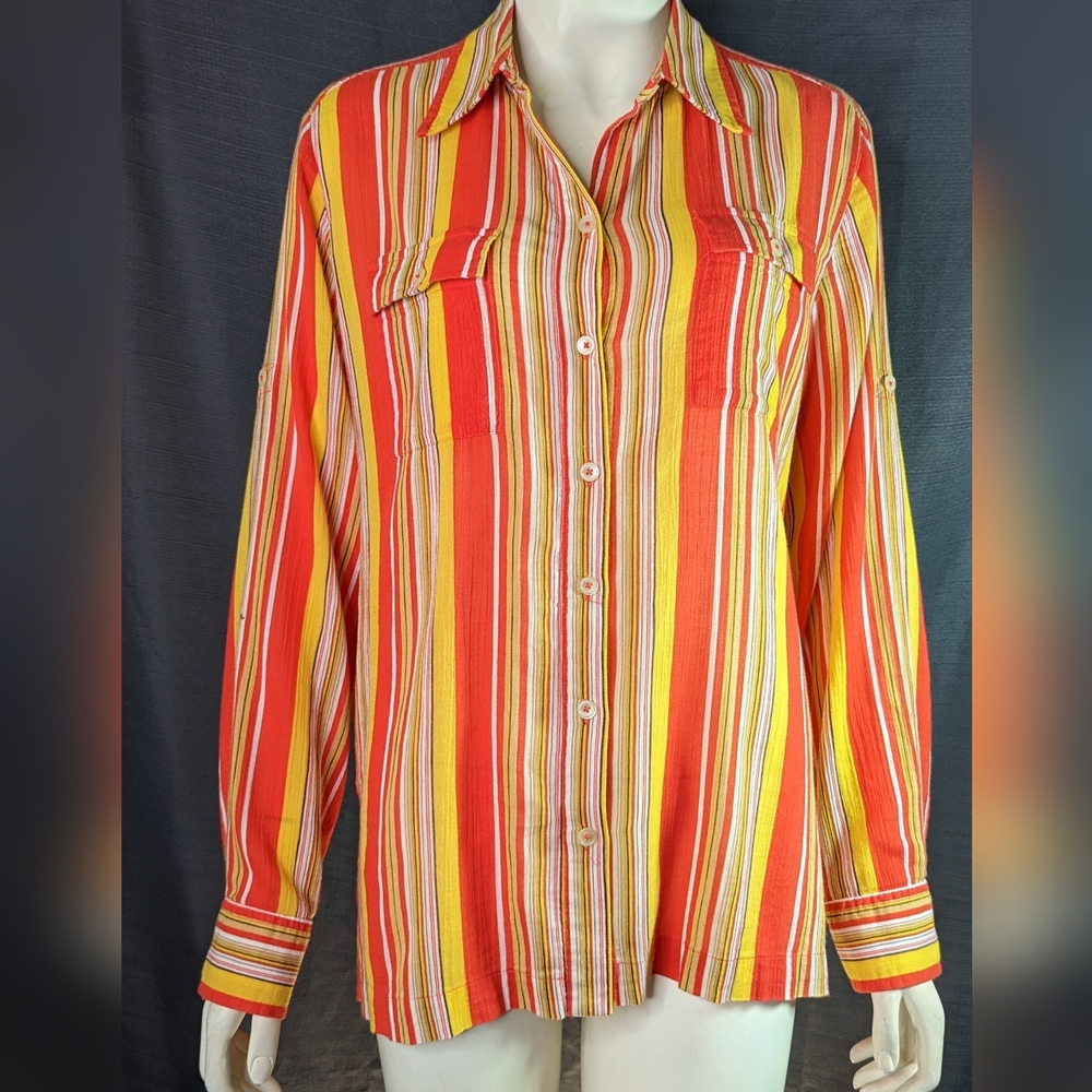 Orange Red Yellow Striped Blouse M Jones New York - Picture 2 of 16